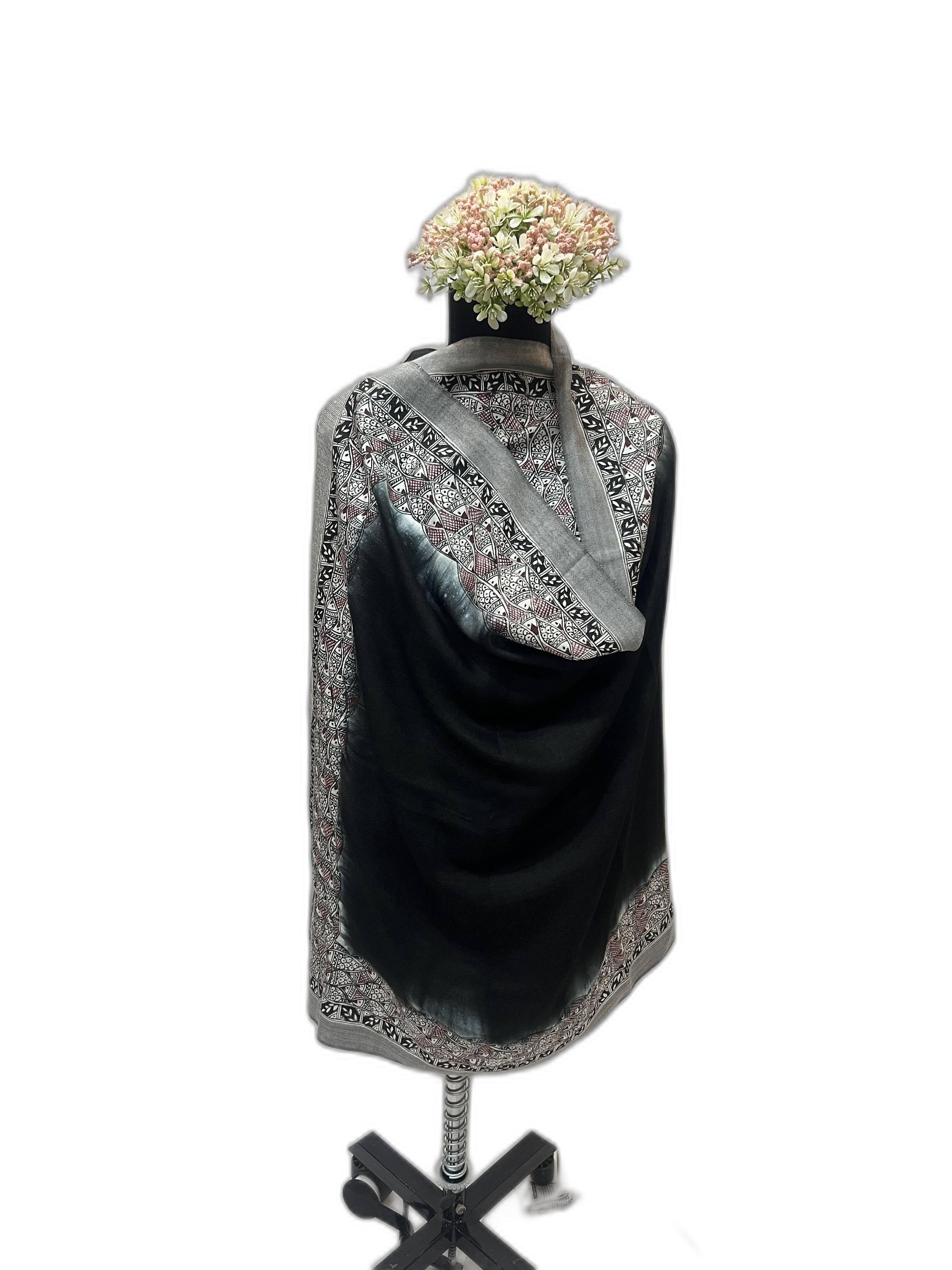 Handpainted Madhubani in Black and White Tussar Cotton Stole with Fish Motifs